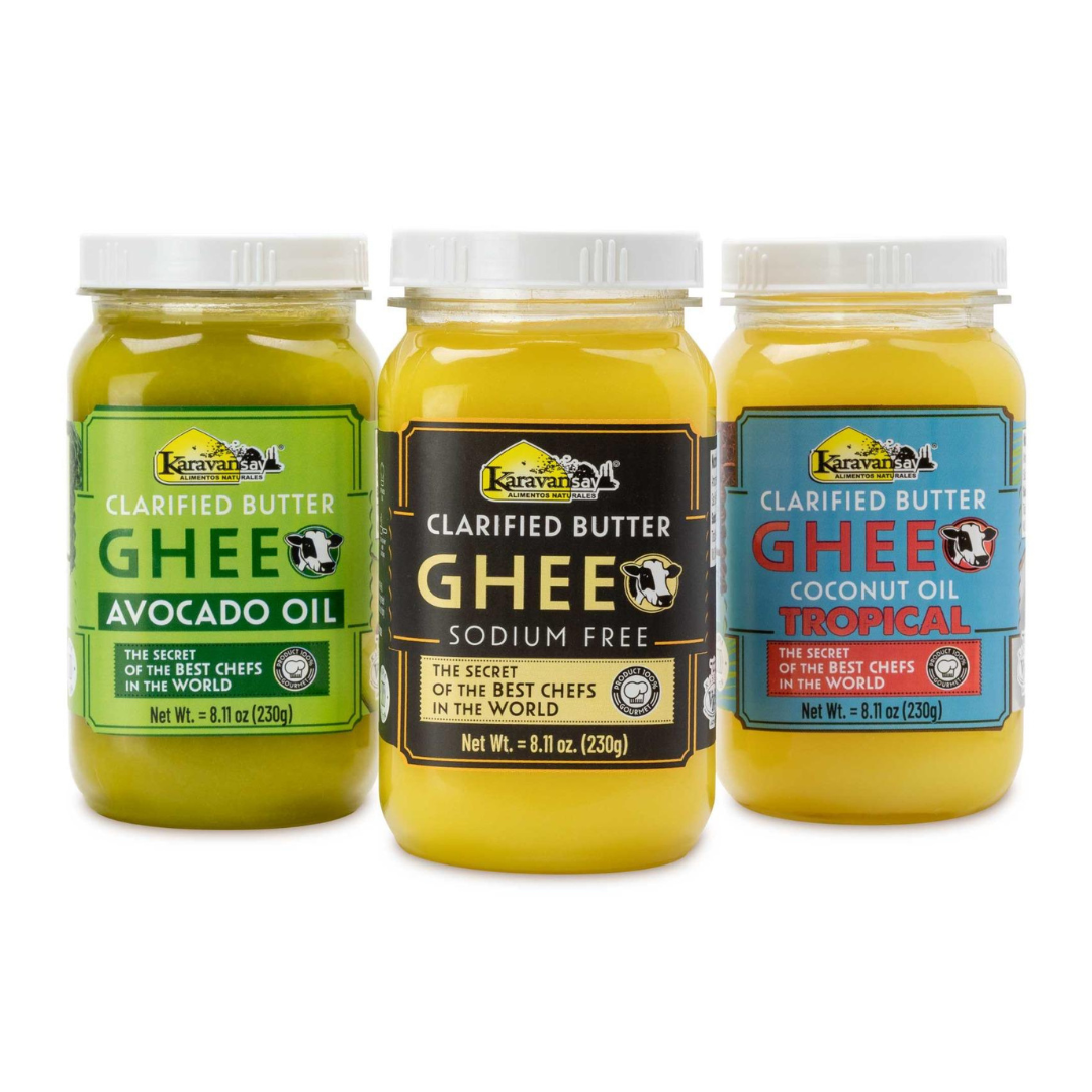 Paquete de tres ghee (natural, aguacate y tropical) 690 g
