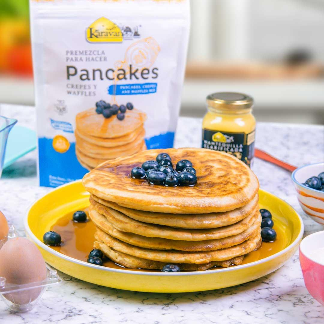 Pancake mix – stack of pancakes with berries and syrup