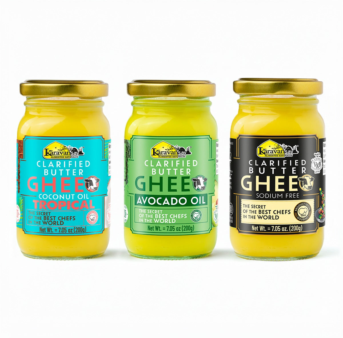 Paquete de tres ghee (natural, aguacate y tropical) 690 g