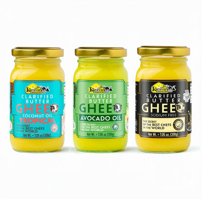 Paquete de tres ghee (natural, aguacate y tropical) 690 g
